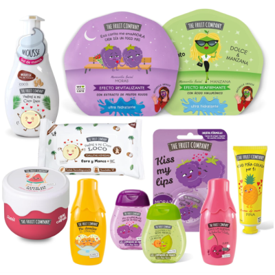 Produtos de cuidados pessoais coloridos da THE FRUIT COMPANY com ilustrações de frutas
