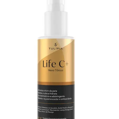 Frasco plástico branco com spray e rótulo dourado e preto de tónico Life C+