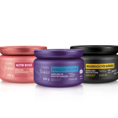 Três máscaras capilares Eudora Siàge em embalagens rosa, roxa e preta