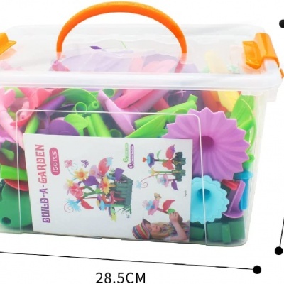 Caixa plástica transparente com peças de montar coloridas