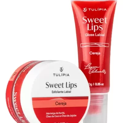 Conjunto Sweet Lips Tulípia esfoliante e gloss labial vermelho sabor Cereja