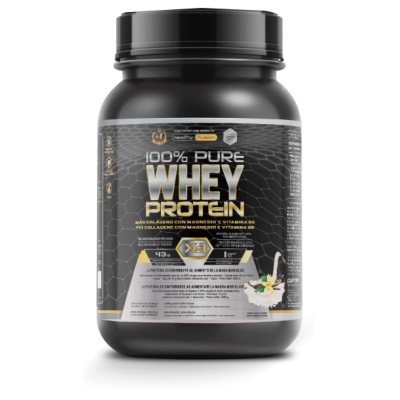 Frasco preto de suplemento 100% Pure Whey Protein com rótulo preto e dourado, texto e imagem de baunilha com leite.