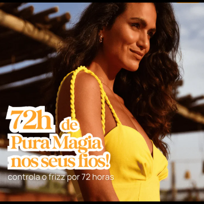 Mulher com vestido amarelo e cabelo ondulado ao ar livre com texto promocional de produto para cabelo