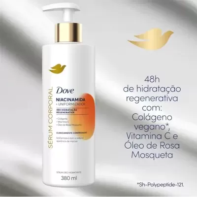 Frasco branco com tampa dourada e rótulo com texto em português de sérum corporal Dove