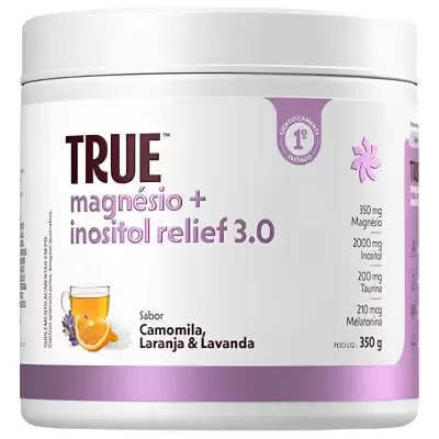 Frasco branco com suplemento TRUE magnésio + inositol relief 3.0 com sabor camomila, laranja e lavanda