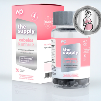 Suplemento alimentar the supply cabelos & unhas X, frasco transparente e embalagem rosa e branca