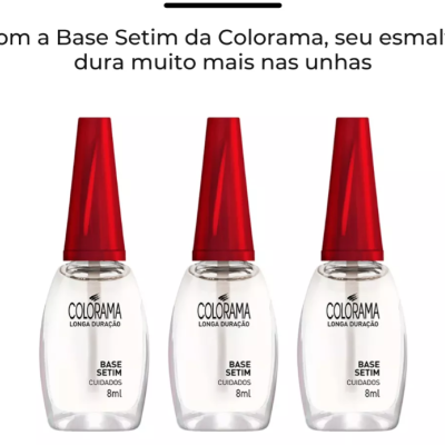 Três frascos de base para unhas Colorama Base Setim com tampas vermelhas