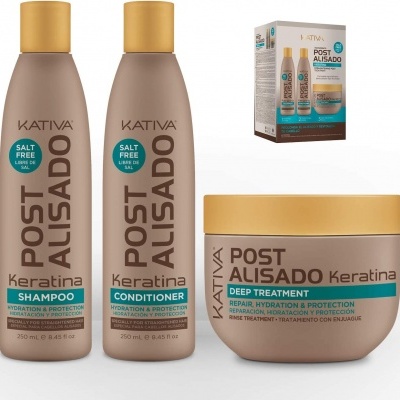 Conjunto Kativa Post Alisado Keratina com shampoo, condicionador e tratamento profundo em embalagens castanho claro e amarelo