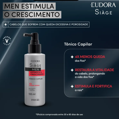 Frasco branco com pump preto do tônico capilar Eudora Siàge Men com texto promocional em fundo azul escuro