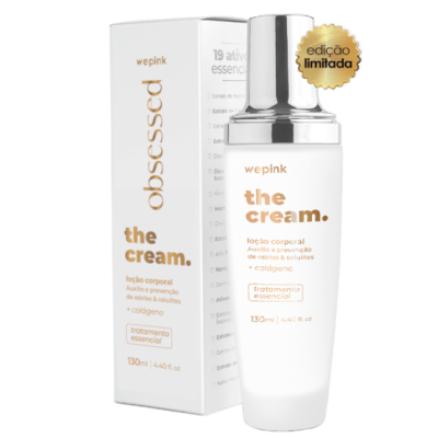 Frasco e caixa da loção corporal 'the cream.' da wepink, edição limitada, branca com texto dourado e laranja