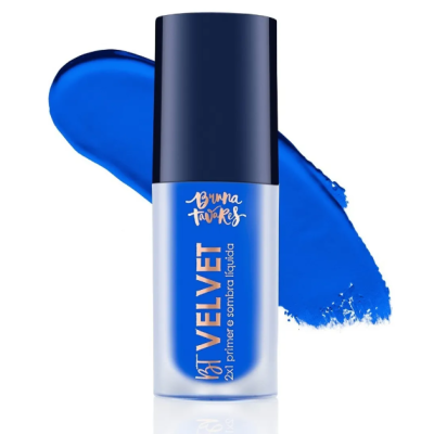 Frasco de primer e sombra líquida azul com texto e tampa azul escura