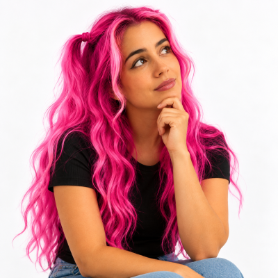 Mulher com cabelo rosa longo e ondulado e t-shirt preta sentada