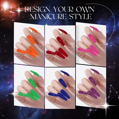Unhas postiças longas em várias cores contra fundo espacial com texto promocional