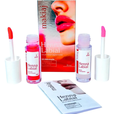 Conjunto Henna Labial makiaj com dois frascos coloridos e folheto informativo