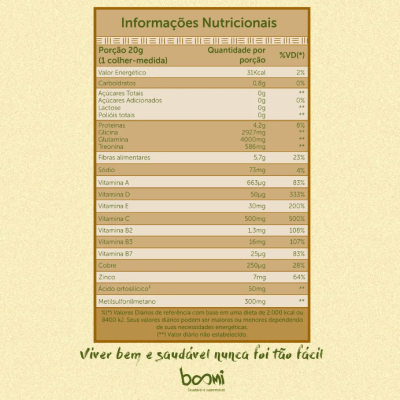 Etiqueta nutricional detalhada em português com texto motivacional e marca boomi