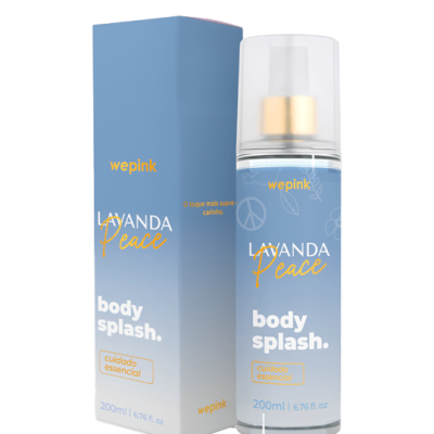 Frasco e caixa azul de body splash Lavanda Peace da wepink
