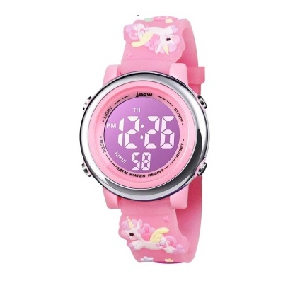 Relógio digital infantil rosa com unicórnios e mostrador digital