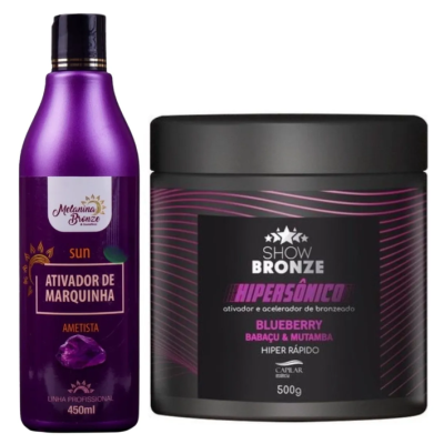 Duas embalagens de produtos para bronzeamento com texto em português