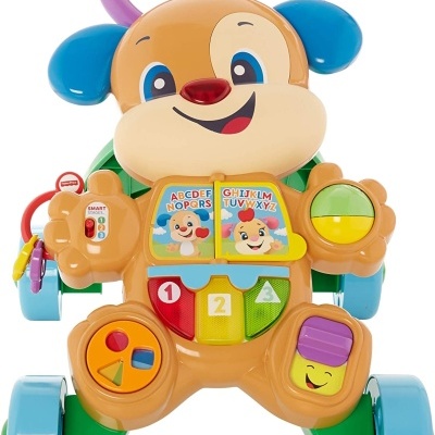 Brinquedo de apoio para bebés em forma de cão sorridente com letras, números e rodas