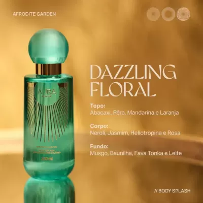 Frasco verde água de body splash com tampa redonda e detalhes dourados