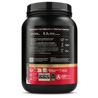Frasco preto de suplemento de proteína com rótulo vermelho e preto e texto informativo