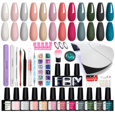 Kit unhas de gel com vernizes coloridos, lixas, pincéis, iluminação UV e decorações