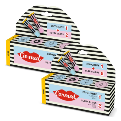 Embalagem do produto esfoliante Carmed com amostras e texto em destaque