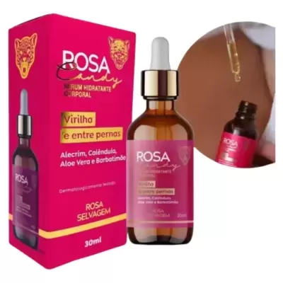 Sérum hidratante corporal ROSA Candy para virilha e entre pernas em embalagem rosa e frasco âmbar com conta-gotas.