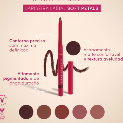Lápis labial Niña Secrets vermelho vinho com texto descritivo e cinco amostras de cores