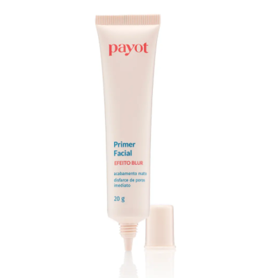 Embalagem de tubo de primer facial payot com texto em vermelho e azul
