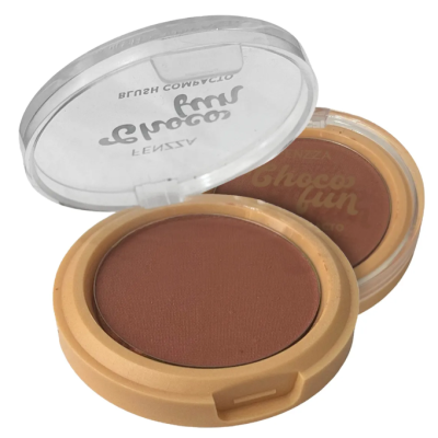 Dois blushes compactos Fenzza Choco fun com embalagem bege e tampa transparente.