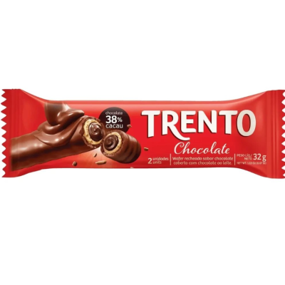 Barra Trento Chocolate, wafer recheado com cobertura de chocolate ao leite, embalagem vermelha.