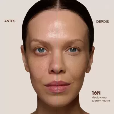 Rosto feminino dividido mostrando antes e depois da aplicação de base 16N subtom neutro.