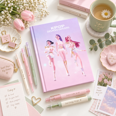 Caderno KPOP DEMON HUNTERS lilás, canetas coloridas com mensagens, clips de papel, caneca com chá e flores, cartões motivacionais e flores sobre mesa branca.