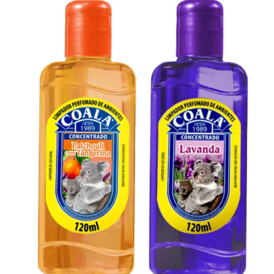 Dois frascos plásticos de limpadores perfumados COALA em tampas laranja e roxa