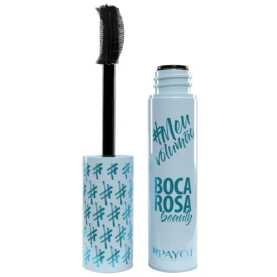 Máscara de pestanas azul clara com texto e aplicador preto