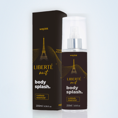 Frasco e embalagem preta de body splash Wepink com detalhes dourados e brancos