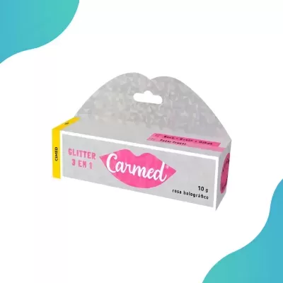 Embalagem prateada holográfica com design de lábios rosa e texto glitter 3 em 1 Carmed