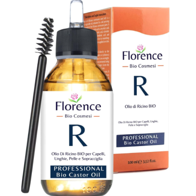 Frasco amarelo com tampa preta e pincel ao lado e caixa de óleo de rícino Florence Bio Cosmesi