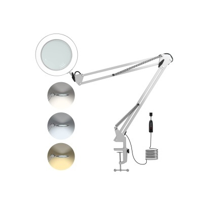 Lupa de mesa branca com braço articulado e luz LED ajustável