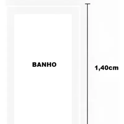 tapete branco retangular com palavra BANHO no centro e dimensões 70cm por 1,40cm