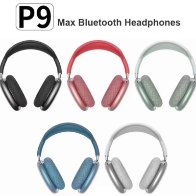 Auscultadores Bluetooth Max P9 em cinco cores diferentes sobre fundo branco.