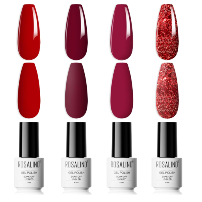 Quatro vernizes em gel Rosalind em diferentes tons de vermelho e vinho, incluindo um com purpurina.