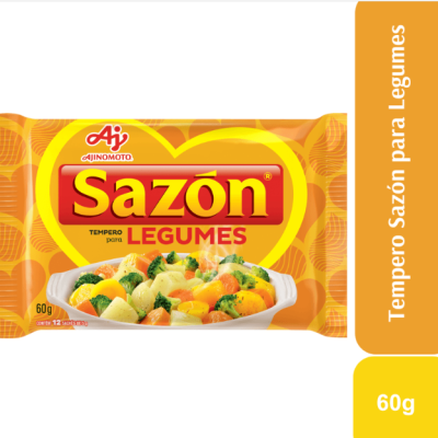Pacote de tempero para legumes Ajinomoto Sazón 60g com imagem de legumes.