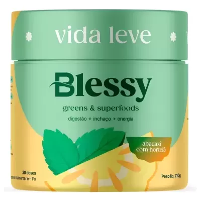 Embalagem de suplemento alimentar Blessy verde e amarela sabor abacaxi com hortelã