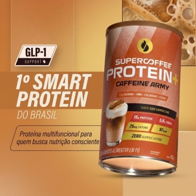 Embalagem metálica de suplemento em pó Supercoffee Protein+ sabor Iced Cappuccino