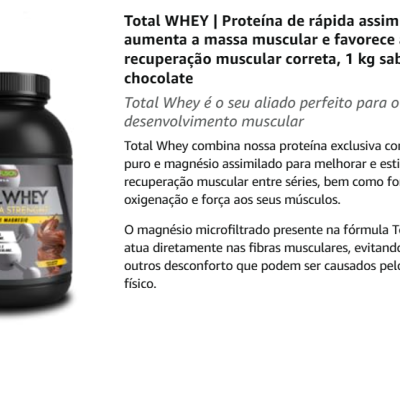 frasco preto de suplemento proteico Total Whey sabor duplo chocolate com rótulo cinza amarelo e preto