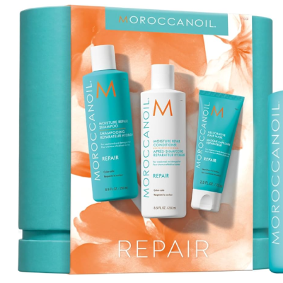 Conjunto Moroccanoil Repair com shampoo, condicionador e esfoliante capilar em embalagens azuis e laranja