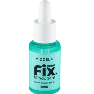 Frasco de vidro azul com conta-gotas branco e rótulo Vizzela gotas Fix blindagem 30ml