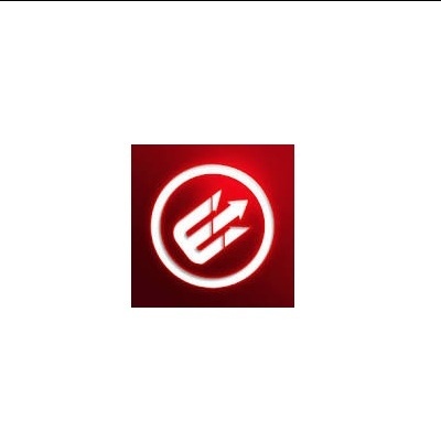 Logótipo branco com setas dentro de um círculo em fundo vermelho